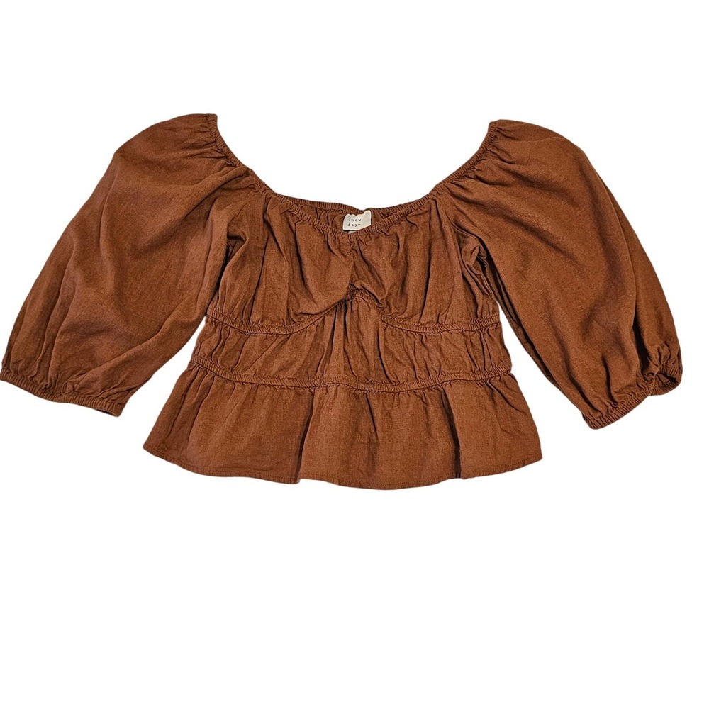 A New Day Womens Rust Brown Linen Blend Puff Sleeve Peplum Blouse Size M